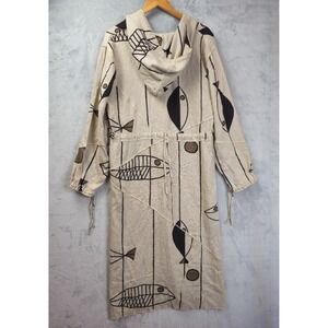 Vtg Terracotta Linen Blend Hooded Fish Tropical Coverup Dress Side Front Slit